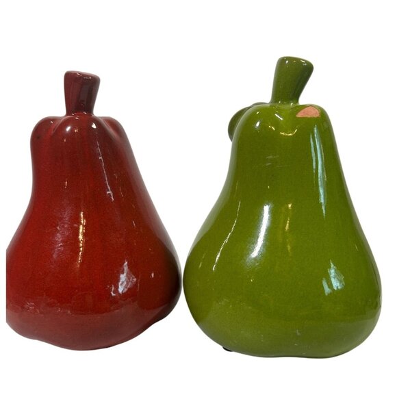 Set Of 2 Pear-Shaped Ceramic Figurines 7" Bright Green & Red Fruit Cottage Core - Picture 3 of 7